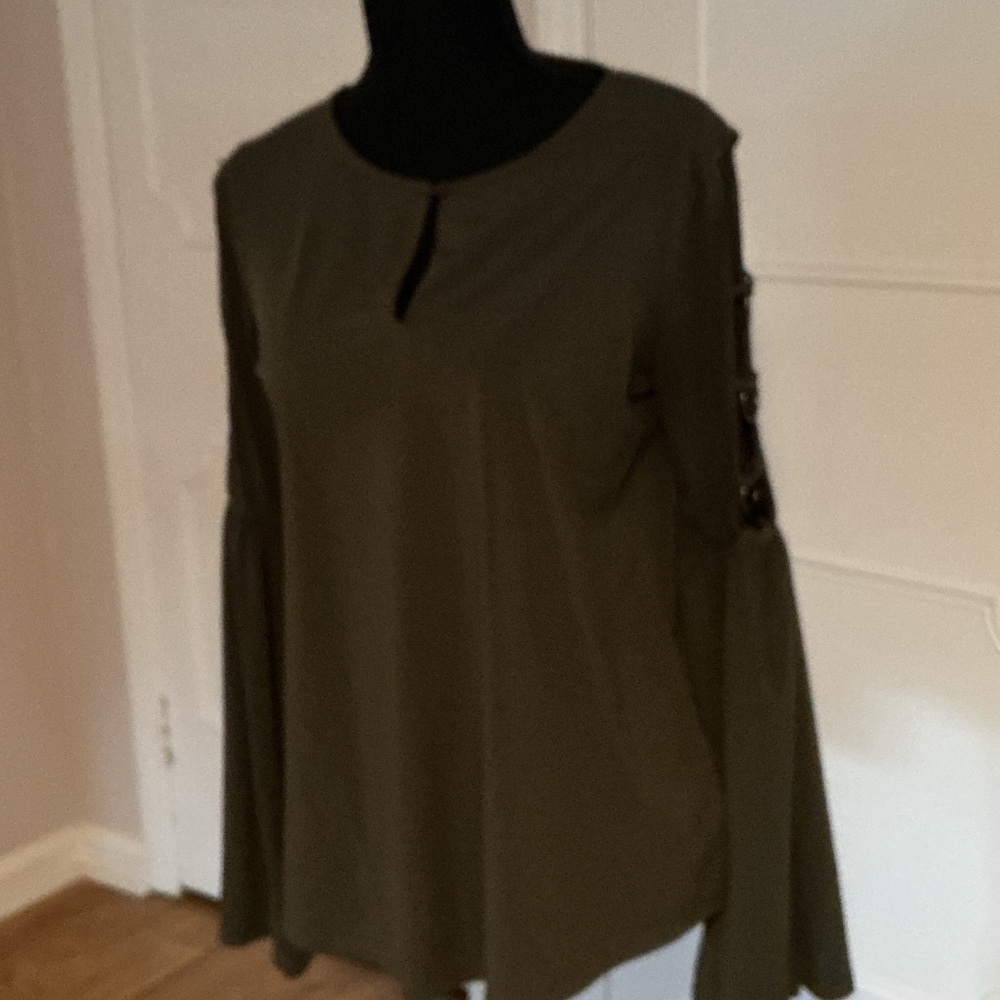Elegant Olive Blouse with Button Sleeve Accents